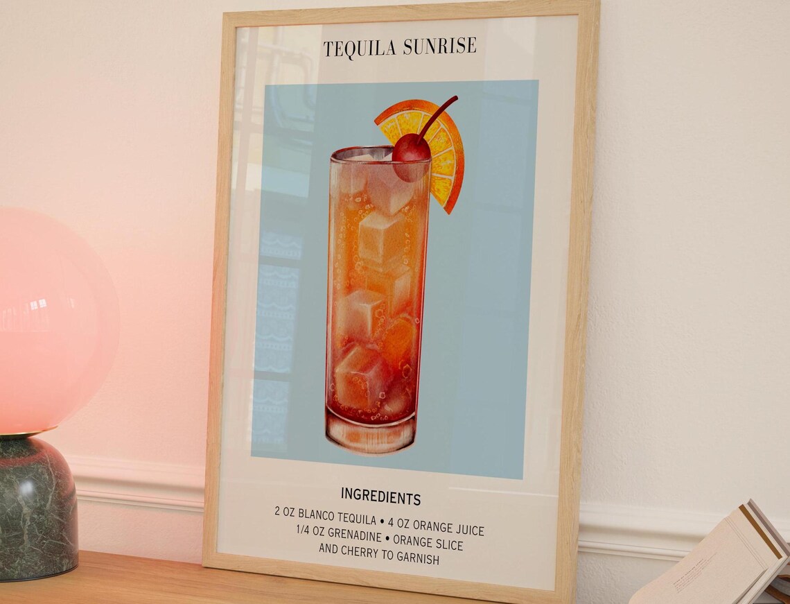 Tequila Sunrise Print Bar Cart Decor Cocktail Poster Party Signature Drink Sign Trendy Wall Minimalist Blue Retro Blue Art Cocktail Recipe