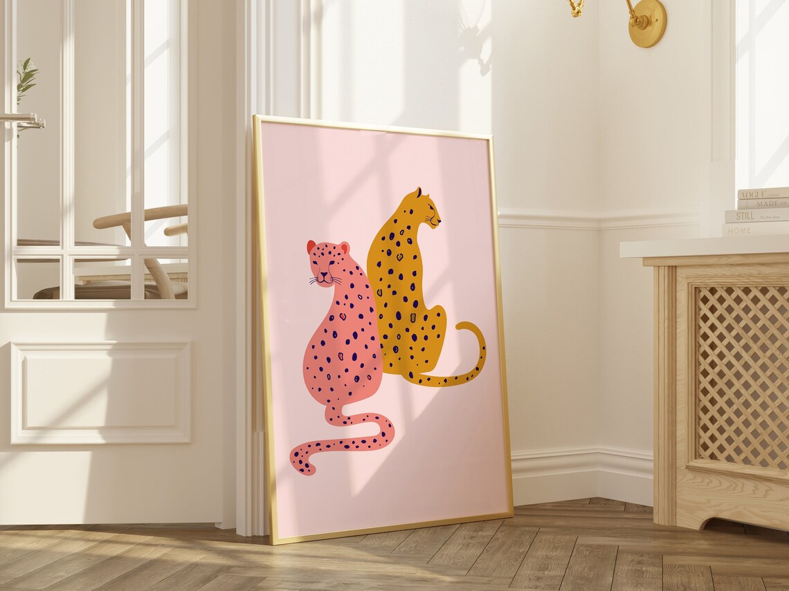 Pink and Gold Cheetah Pair Decorative Safari Illustration Poster - Image 2