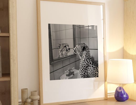 Funny Cheetah Cub Bathroom Mirror Black White Animal Photo Poster