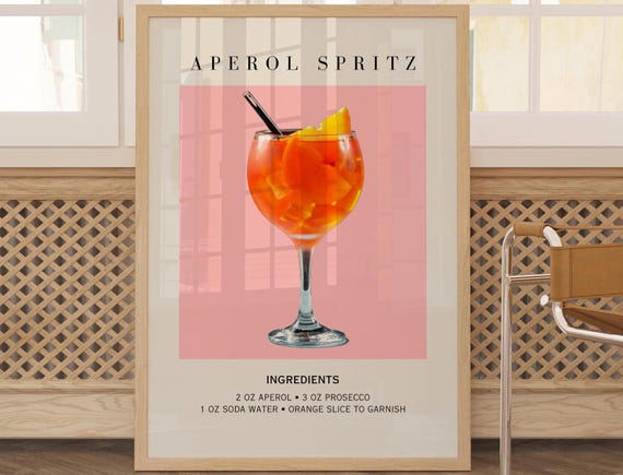 Aperol Spritz Classic Cocktail Recipe Pink Background Kitchen Bar Decor Poster