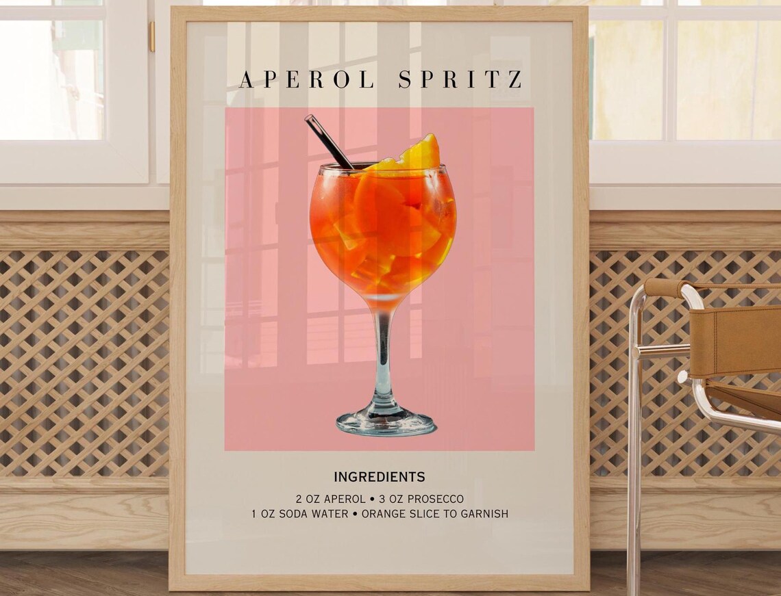 Aperol Spritz Classic Cocktail Recipe Pink Background Kitchen Bar Decor Poster