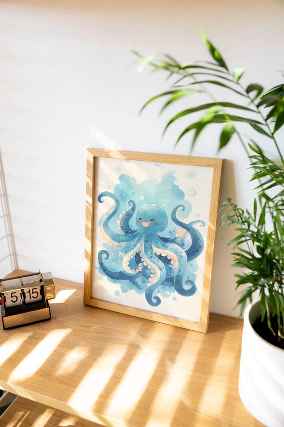 Blue Octopus Nursery Wall Art Kids Room Ocean Animal Print Gender Neutral Nursery Decor Playroom Octopus Poster Toddler Room Ocean Art