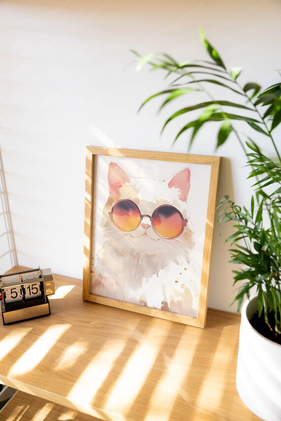 Dreamy Fluffy White Cat Wearing Sunset Gradient Sunglasses Poster