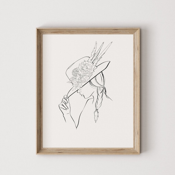 Cowgirl Flower Hat Line Art, Western Art Print