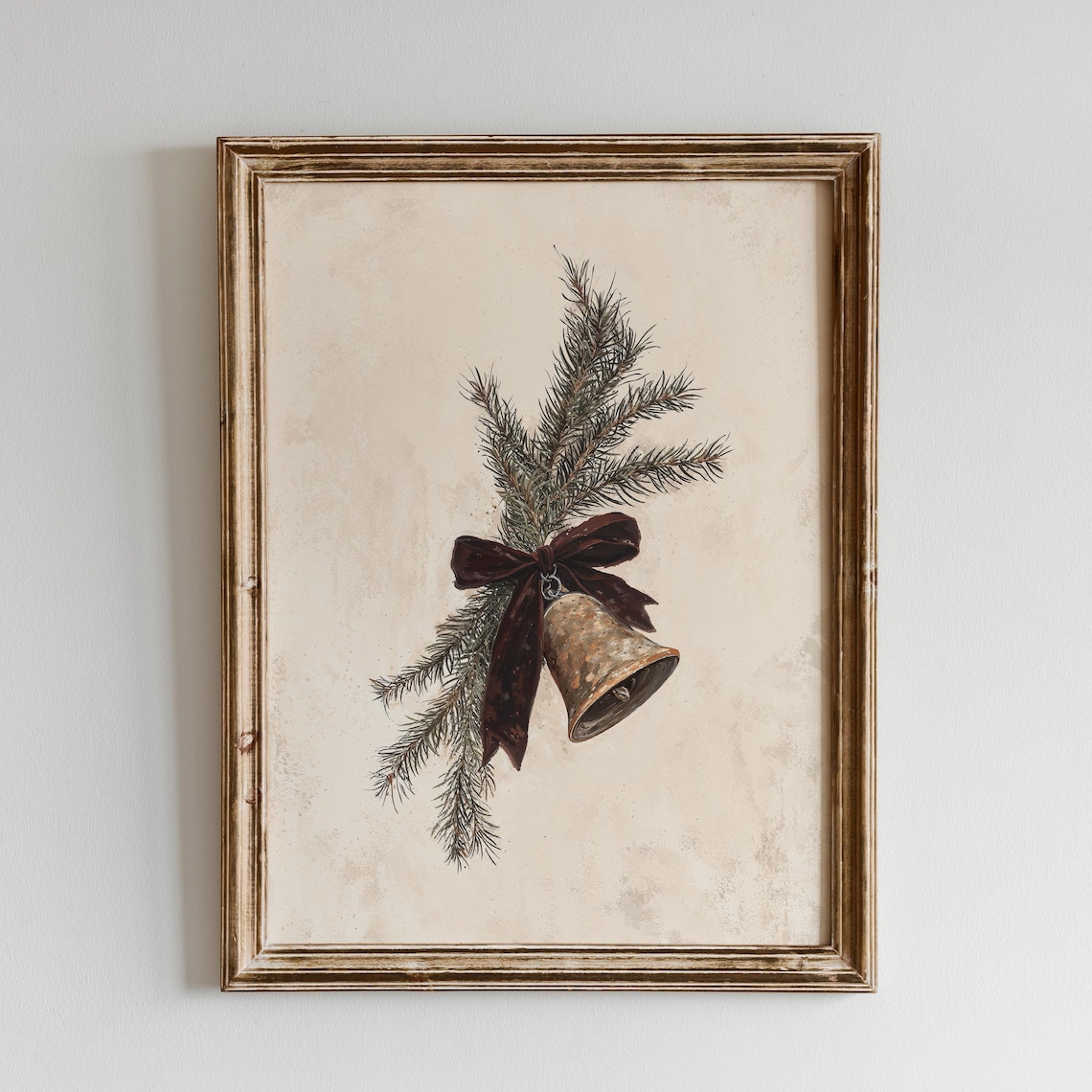 Christmas Bell Print, Neutral Rustic Vintage Holiday Art