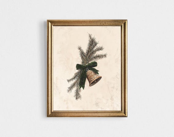 Christmas Bell Print, Rustic Modern Vintage Holiday Art
