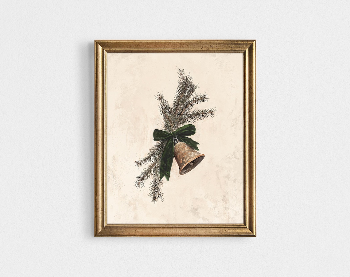 Christmas Bell Print, Rustic Modern Vintage Holiday Art