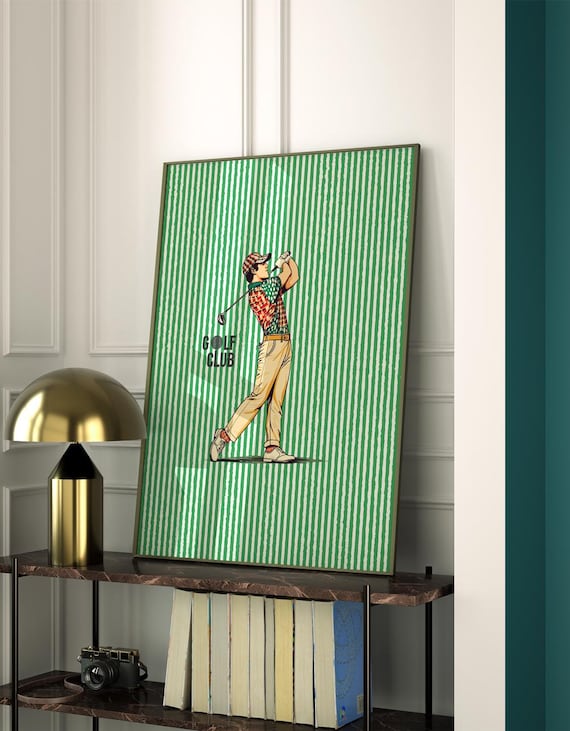 Vintage Golfer Mid Swing Green Striped Retro Golf Club Poster