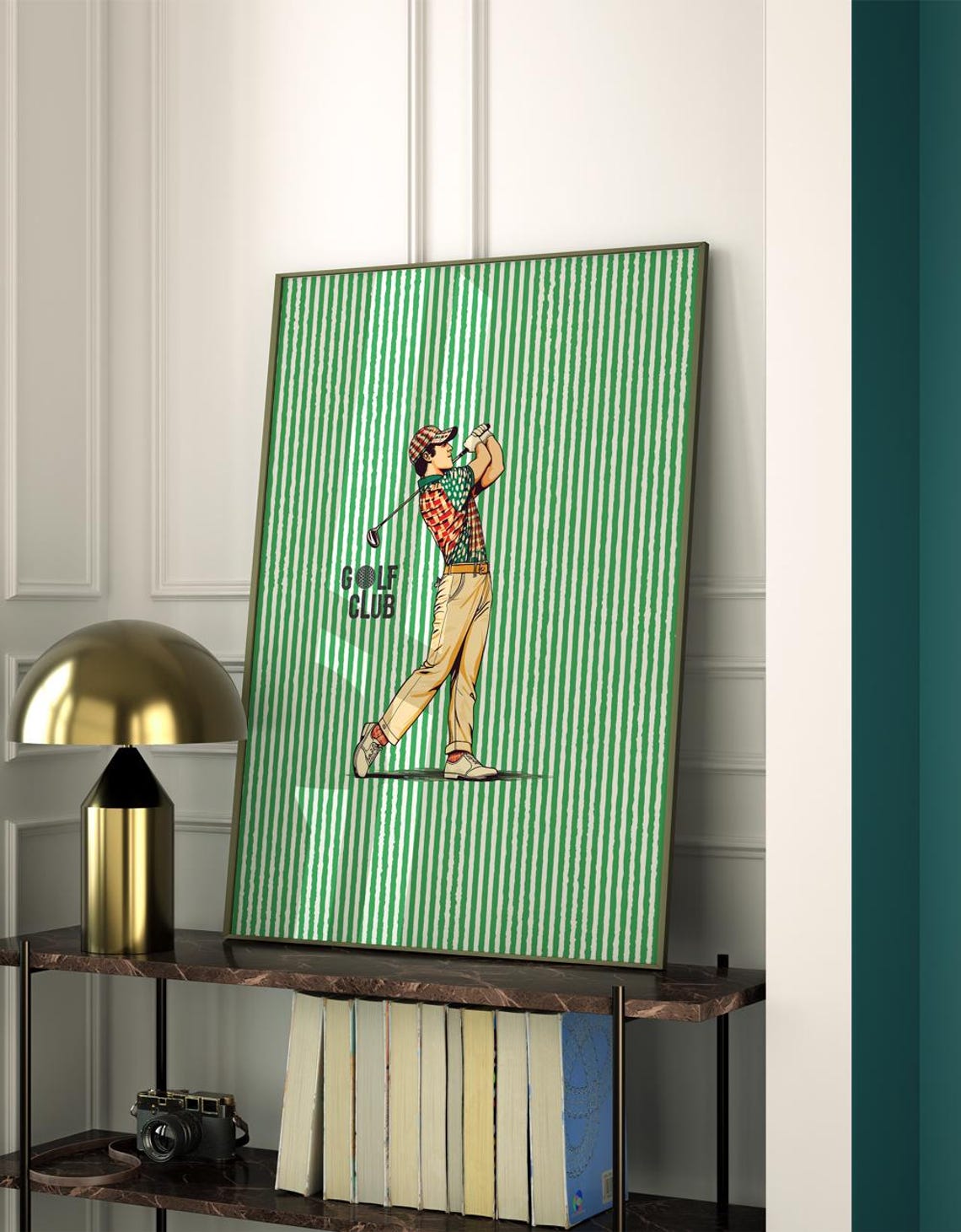 Vintage Golfer Mid Swing Green Striped Retro Golf Club Poster