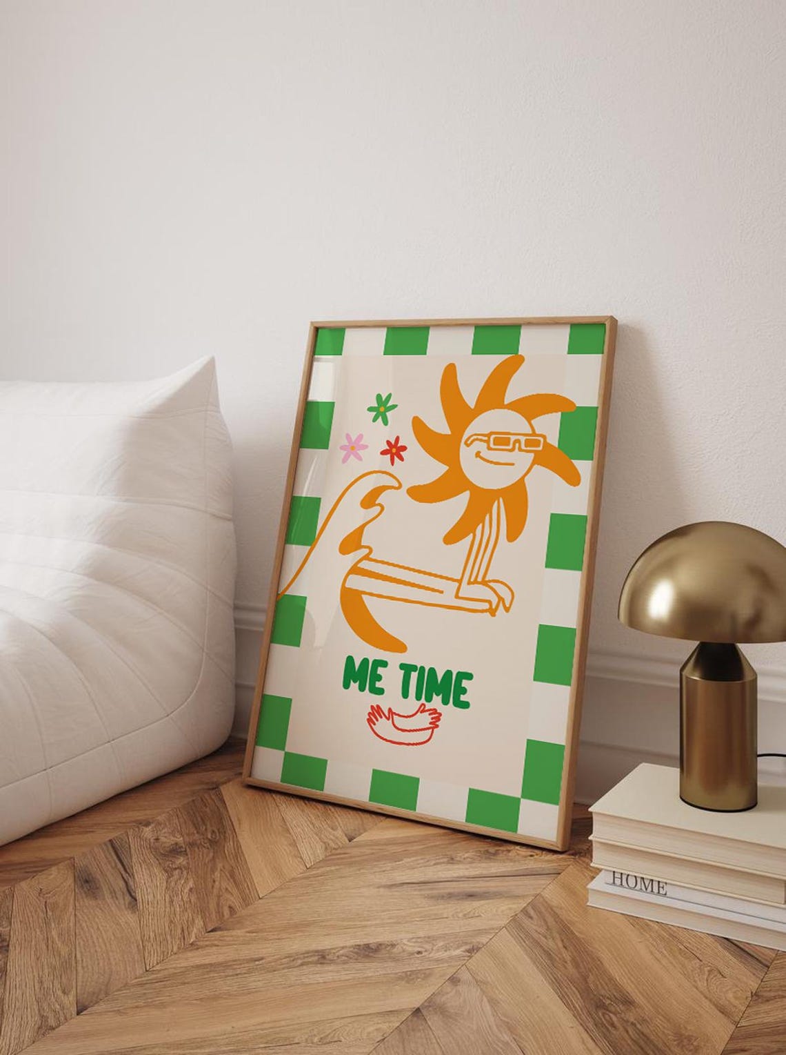 Me Time Retro Surfing Sun Self Care Groovy Green Checkerboard Poster