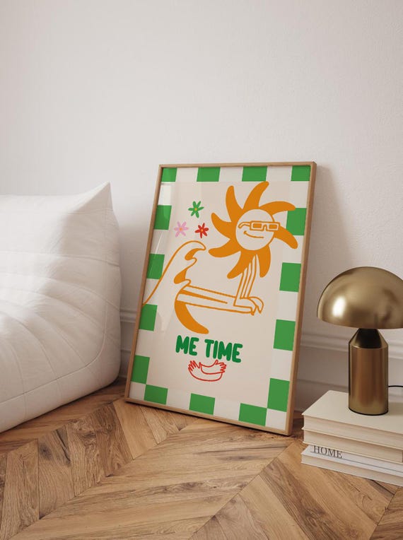 Me Time Self Care Print Surfing Sun Poster Calming Down Corner Funny Typography Wall Art Boho Surfer Drawing Beach Decor