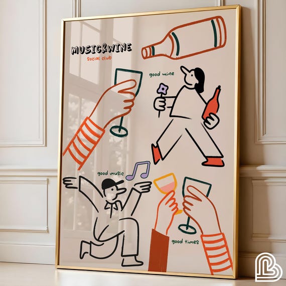 Retro Social Club Poster Kitchen Wall Print Wine Art Hand Drawn Prints Good Music Time Illustration