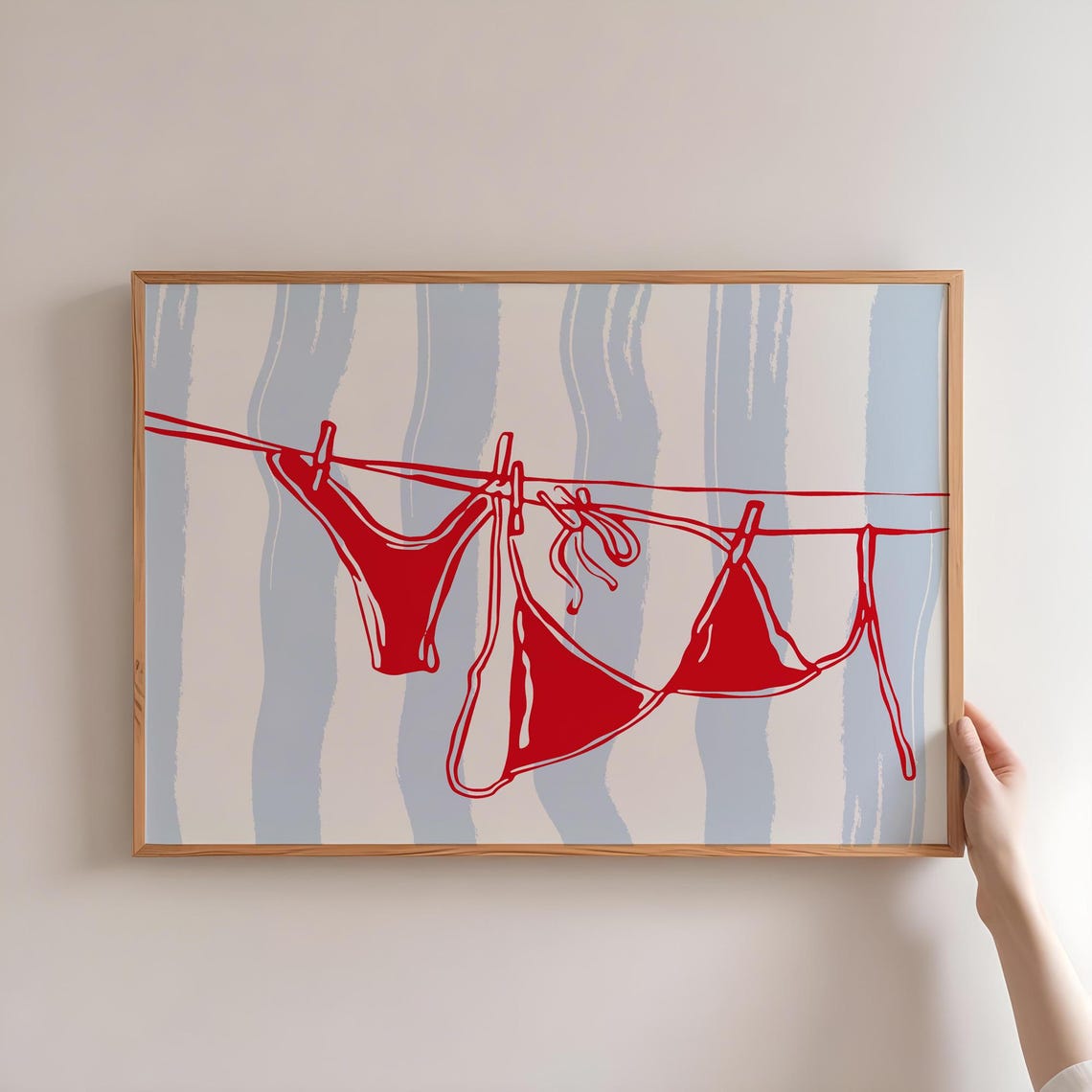 Red Bikini Clothesline Striped Background Summer Beach Fun Poster