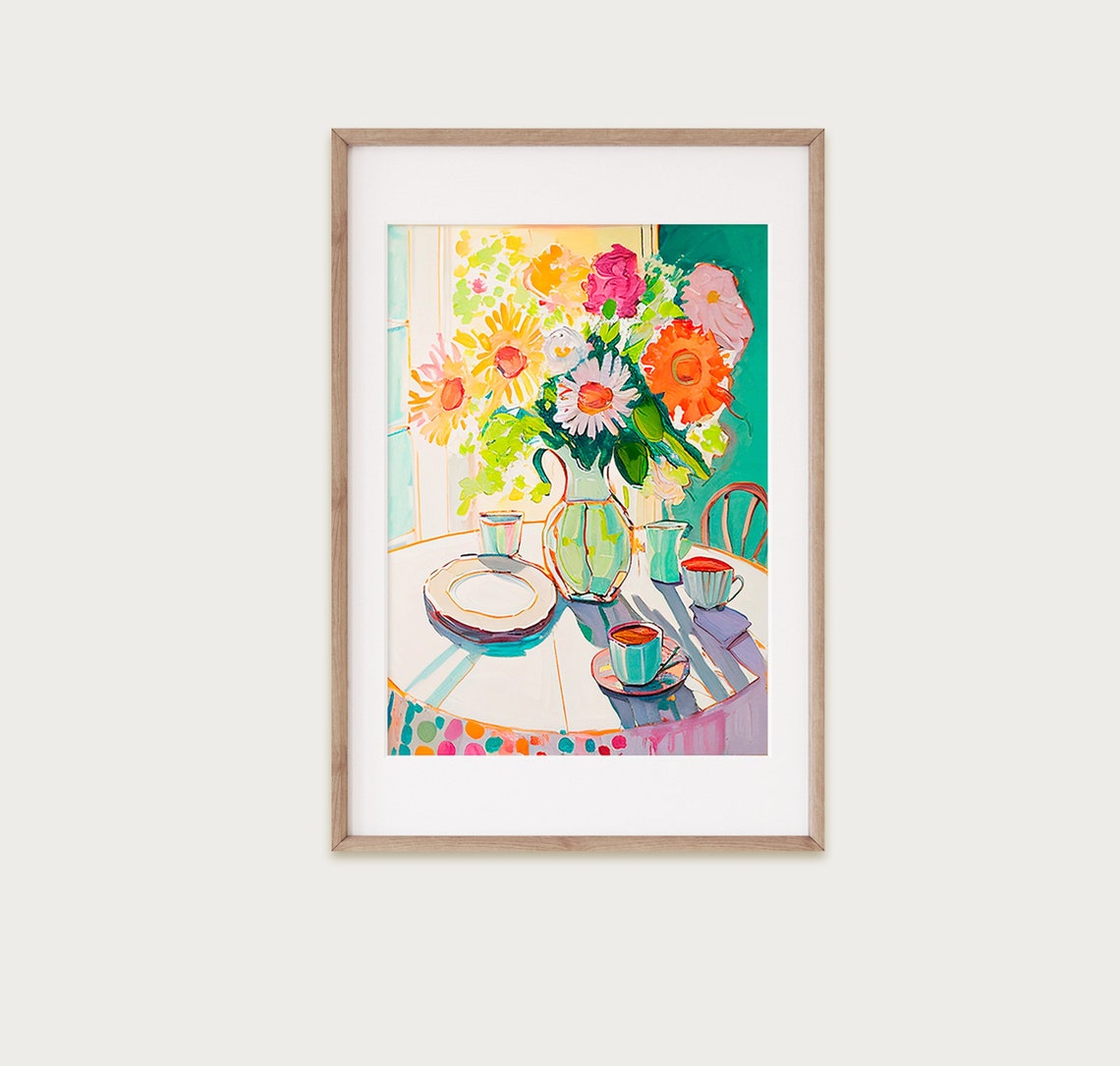 Bright Daisy Bouquet Teacups Table Still Life Teal Window Wall Art