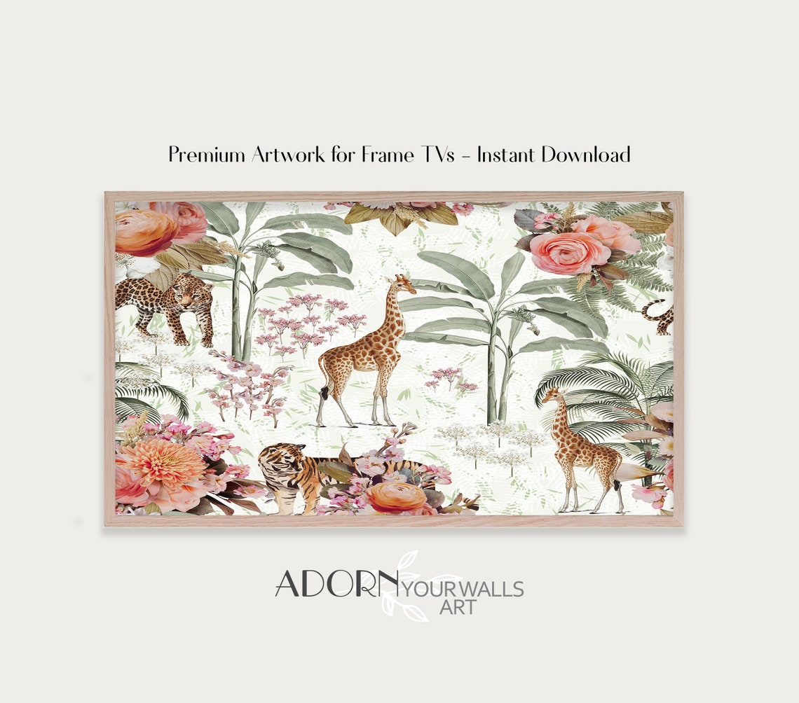 Tropical Giraffes Tiger Leopard Palm Trees Floral Frame TV Wall Art