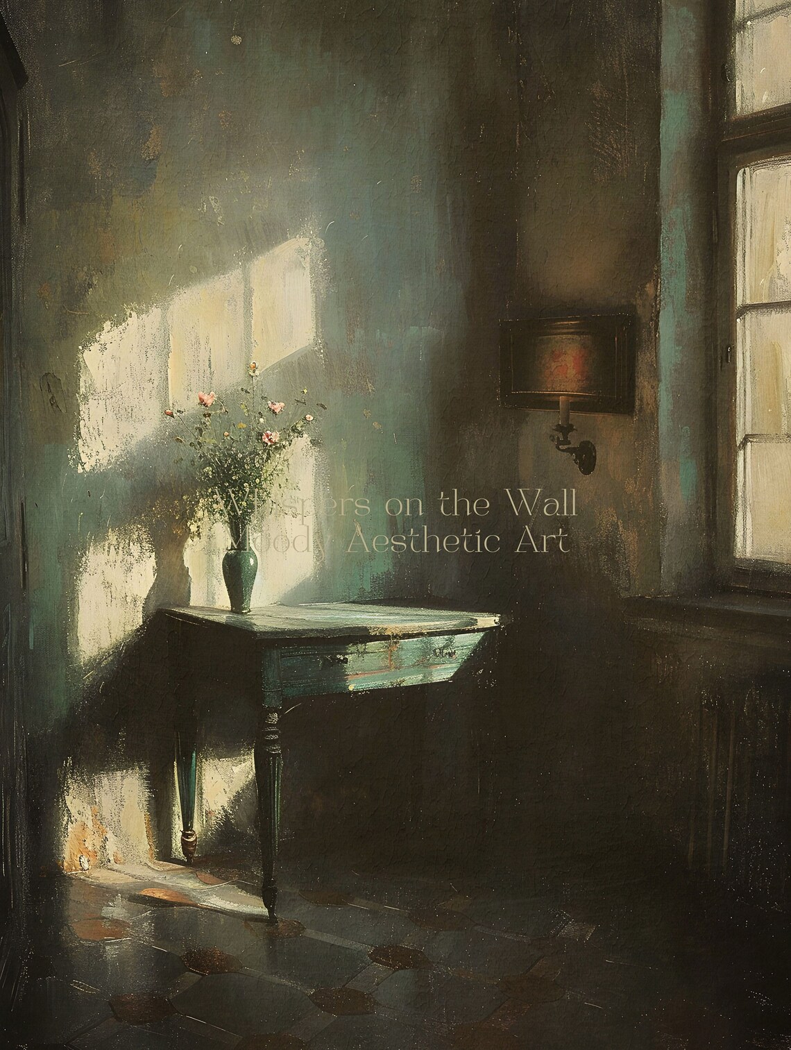 Sunlit Vintage Room Corner Moody Interior Painting With Table And Vase Poster - Image 5