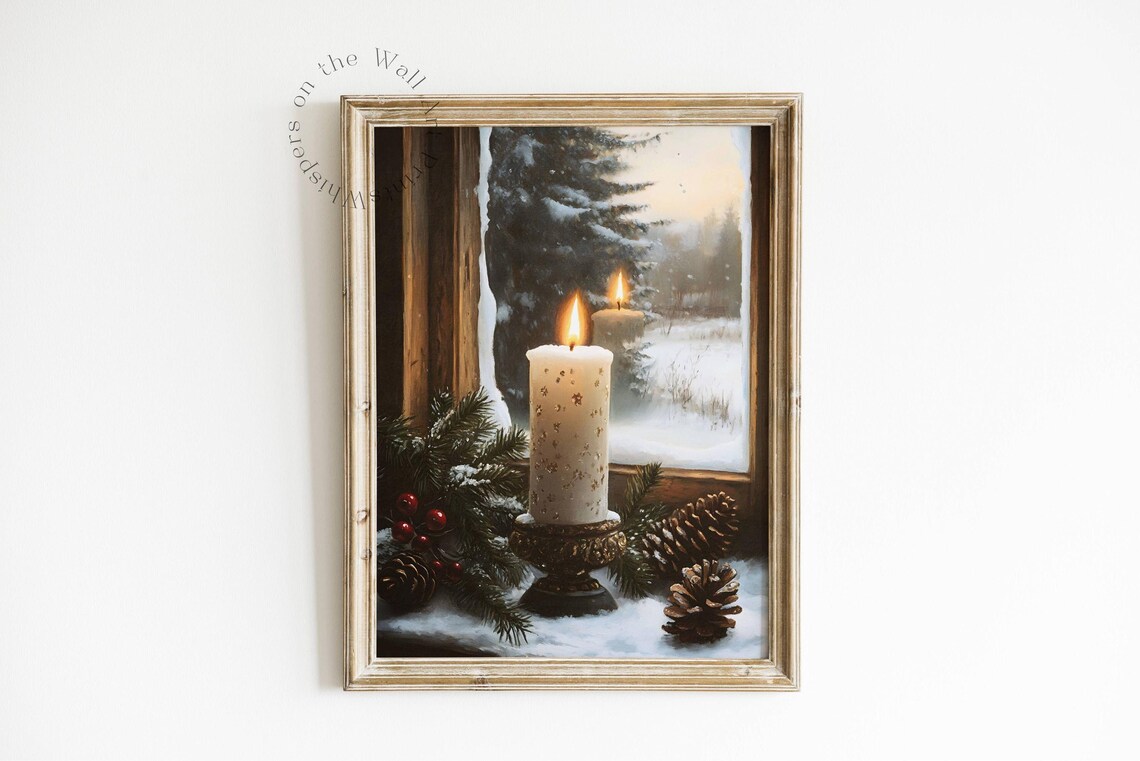 Christmas Candle in Window Snowy Pine Cozy Winter Holiday Poster