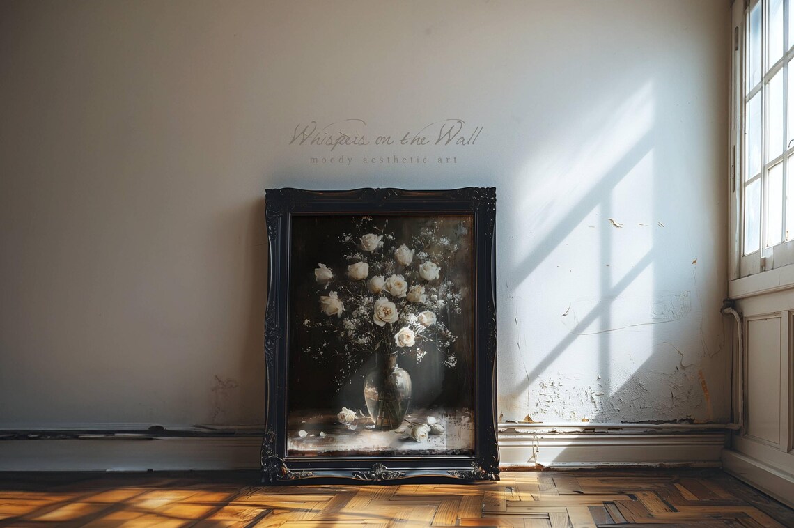 Winter Rose Vase Art Print, Dark Floral Decor - Image 2