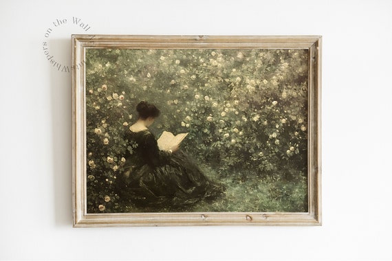 Woman Reading Art Print, Moody Spring Victorian Home Decor