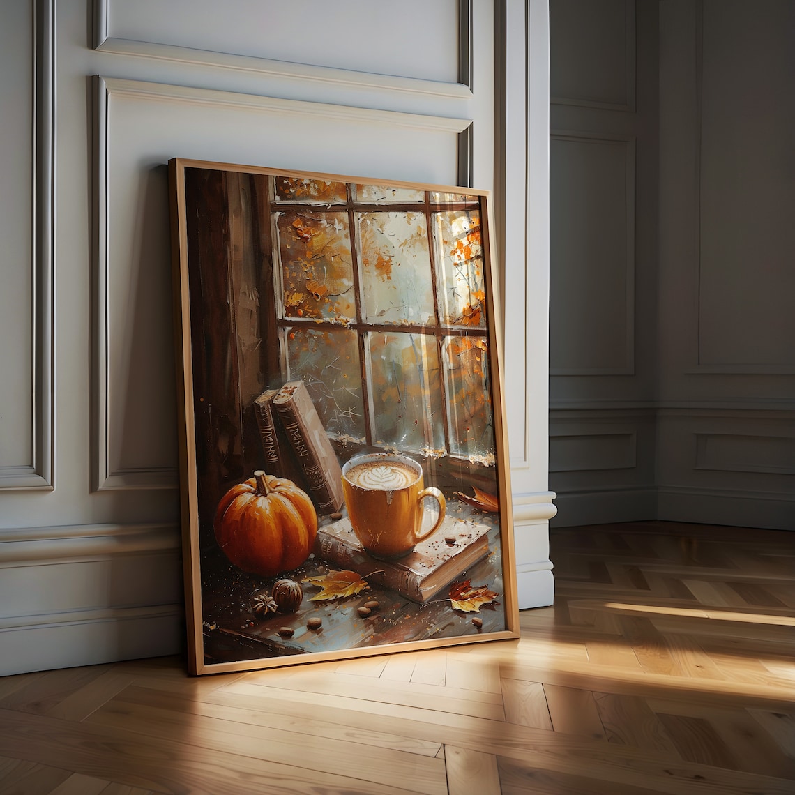 Pumpkins and Coffee, Rustic Autumn Art Print - Image 3