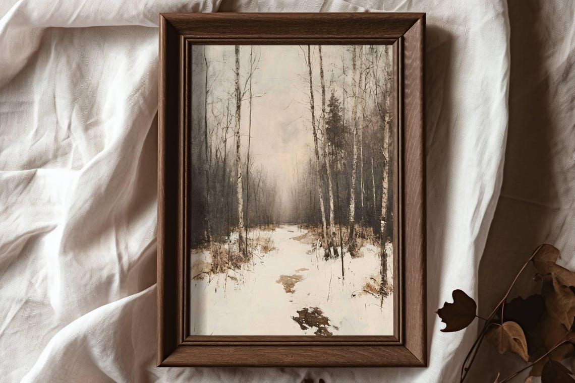 Misty Bare Birch Forest Winter Path Snow Vintage Style Poster - Image 4