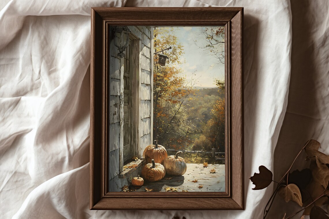 Pumpkins on Rustic Porch Autumn Cottage Oil Painting Fall Poster - Image 3