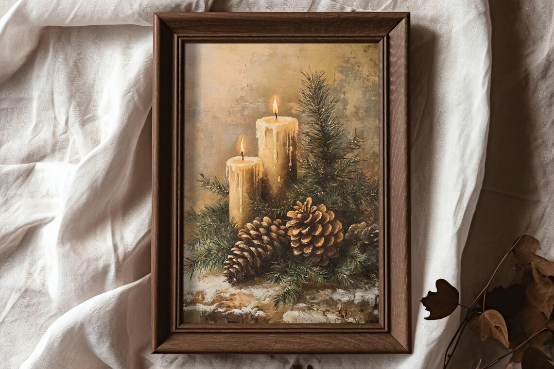 Vintage Christmas Candles Pinecones Evergreen Still Life Poster - Image 6