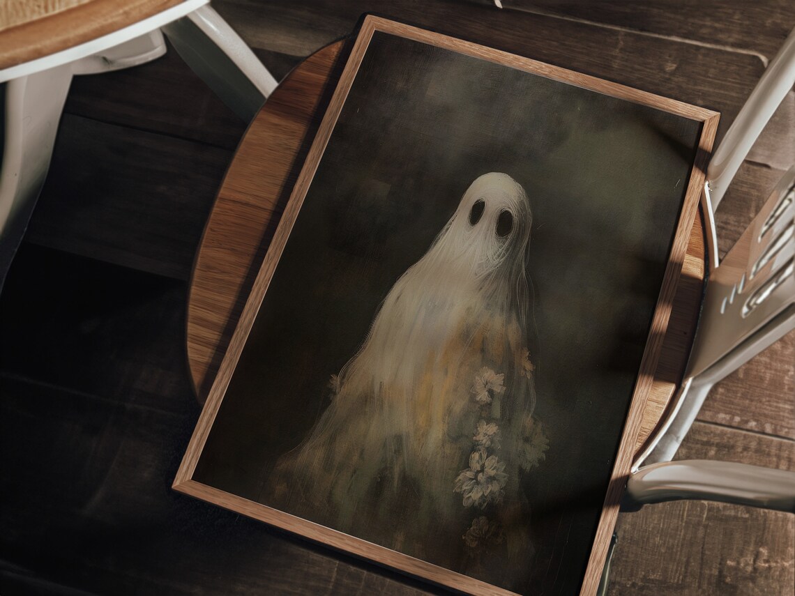 Cute Floral Ghost with Blooms Vintage Halloween Painting Poster - Image 2