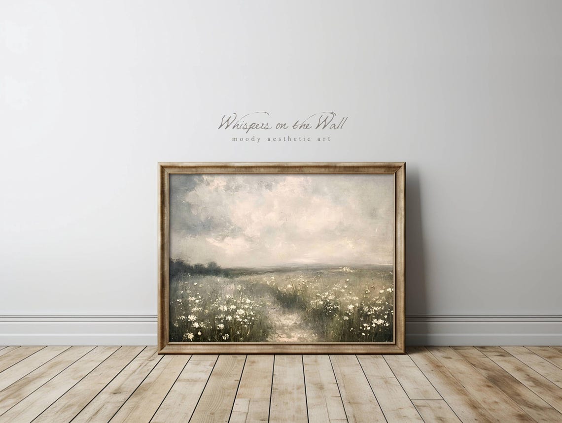 White Wildflower Meadow Under Soft Grey Clouds Vintage Poster - Image 6