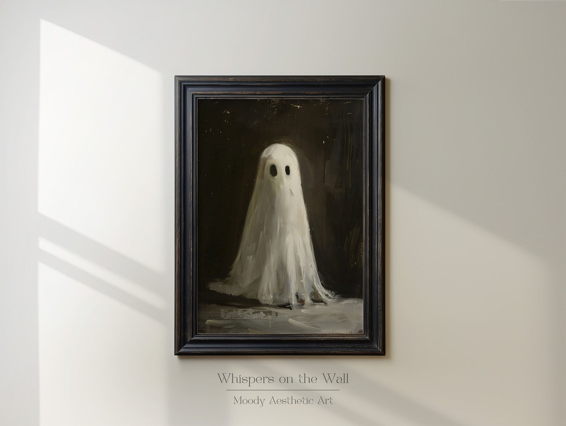 Cute Sheet Ghost in Dark Vintage Oil Painting Halloween Poster - Image 6