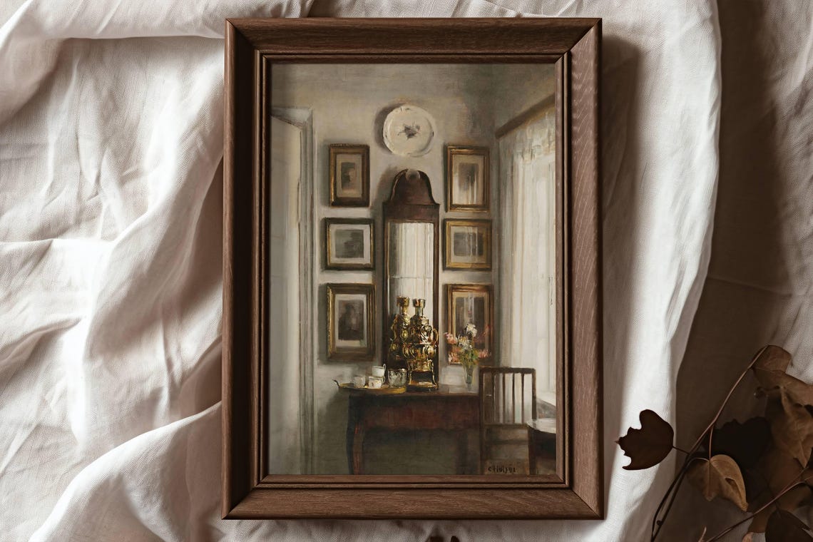 Vintage Light Academia Interior With Framed Art Mirror Lamp Poster - Image 3