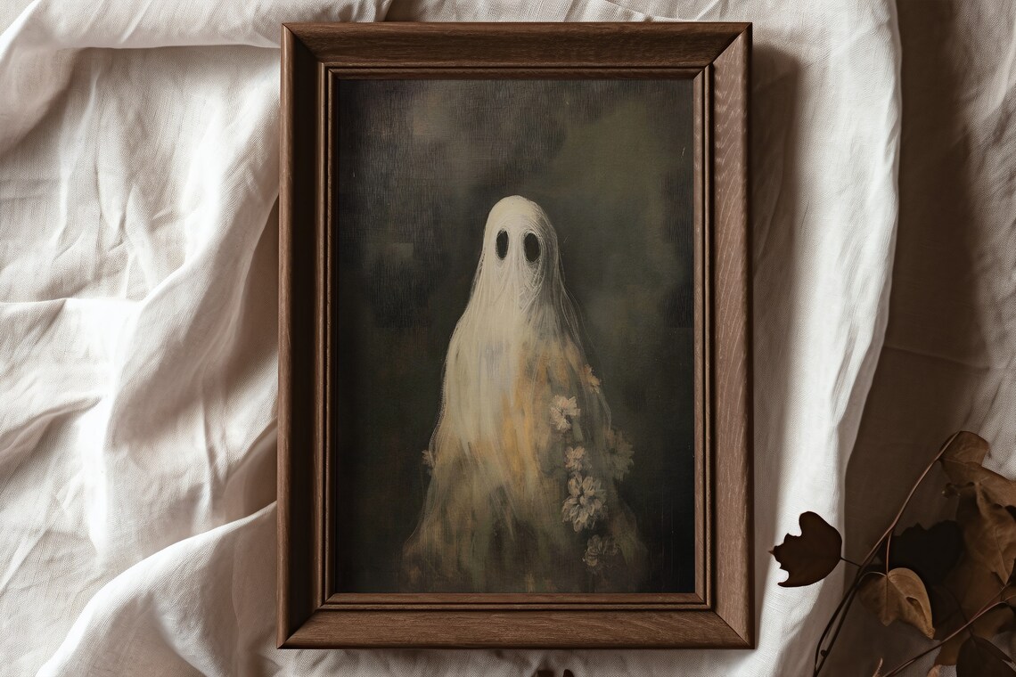 Cute Floral Ghost with Blooms Vintage Halloween Painting Poster
