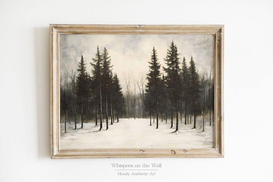 Dark Winter Pines Snowy Forest Minimalist Vintage Landscape Poster