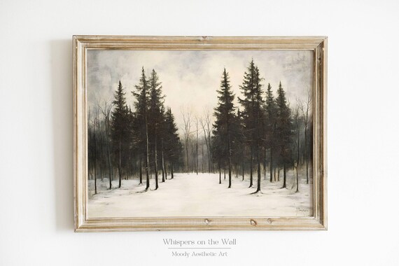 Winter Landscape Wall Art Dark Forest Print Moody Christmas Home Decor Pine Tree Wall Art Neutral Art Print