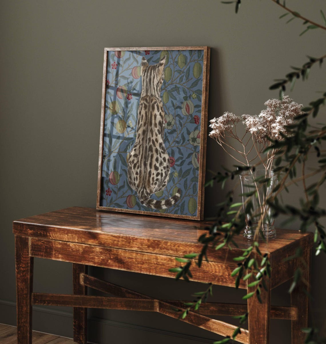 Spotted Cat From Behind On Vintage Fruit Patterned Wallpaper Poster - Image 5