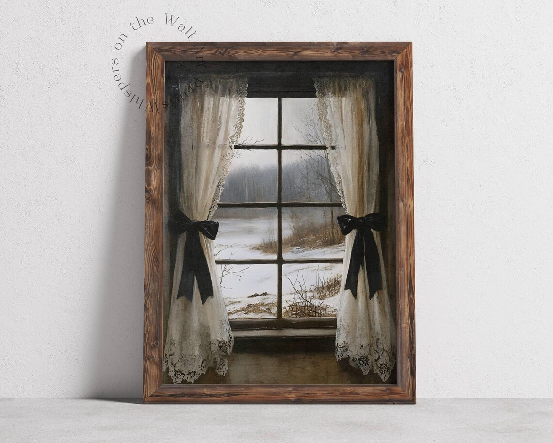 Black Bow Lace Curtain Window Snowy Winter View Coquette Poster - Image 6