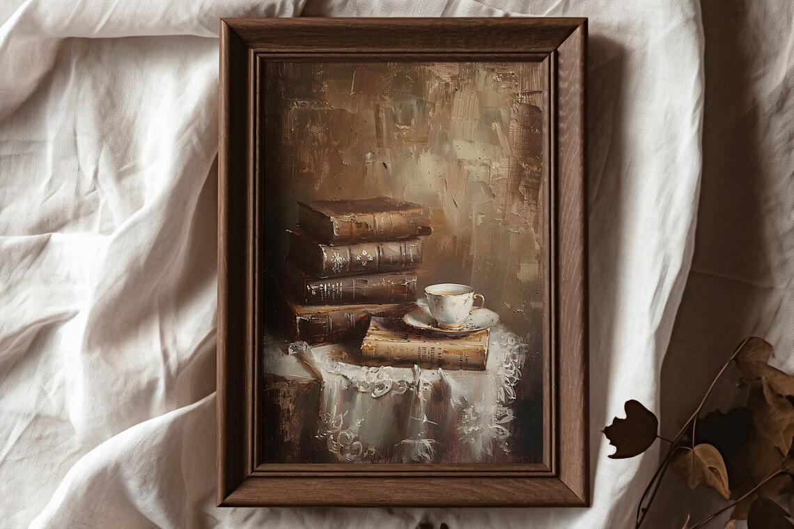 Old Books And Teacup On Lace Cloth Vintage Still Life Painting Poster - Image 6
