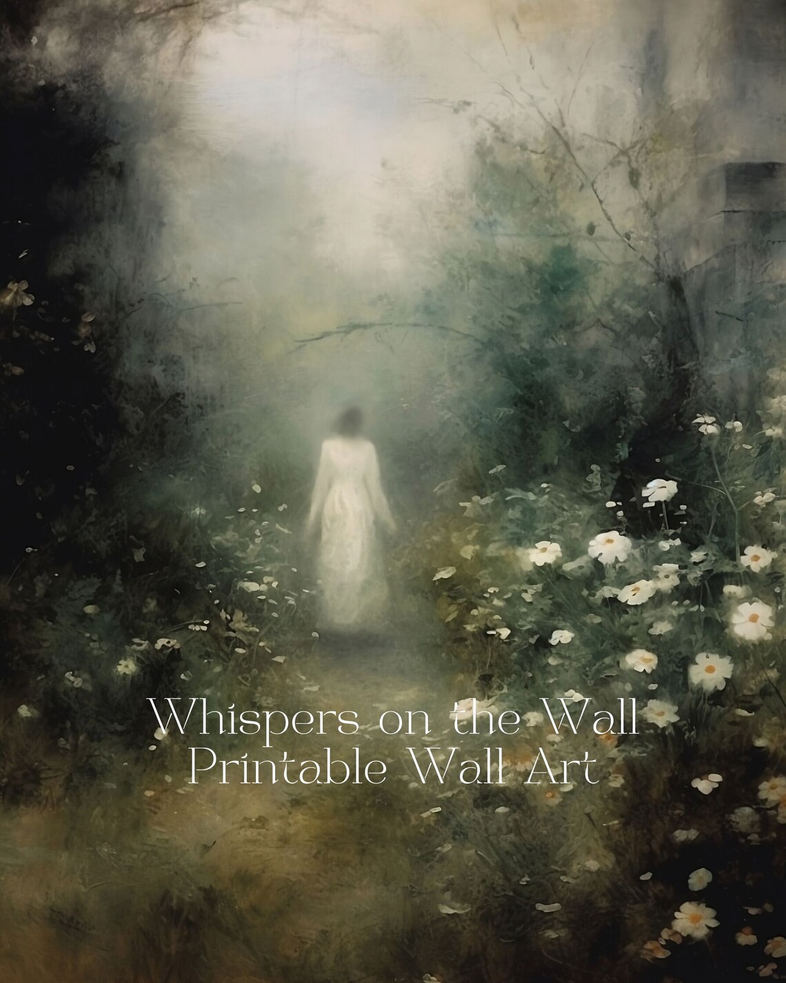 Ghostly Woman in White Dress in Foggy Daisy Garden Spooky Poster - Image 5