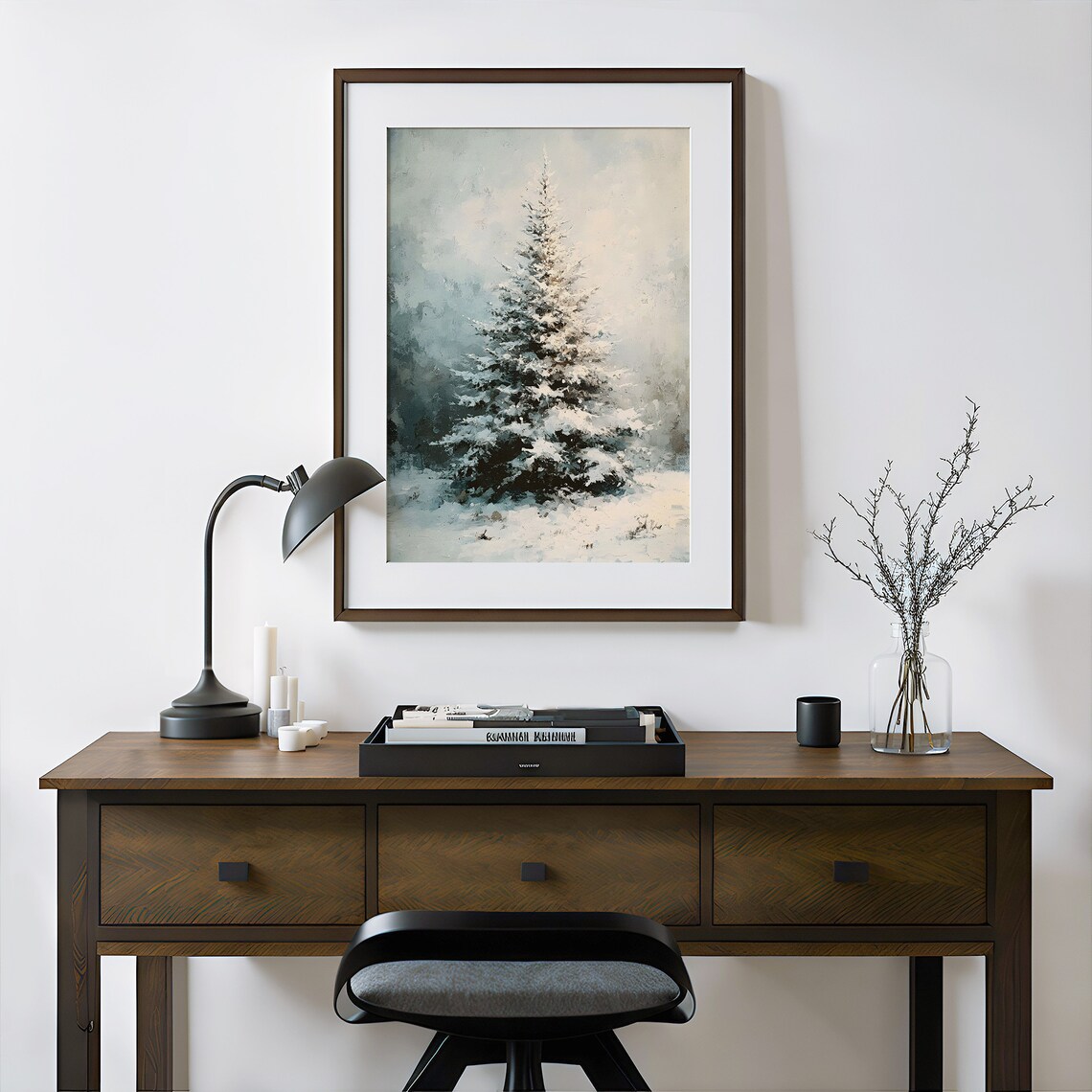 Snowy Pine Tree Winter Landscape Moody Christmas Painting Poster - Image 3