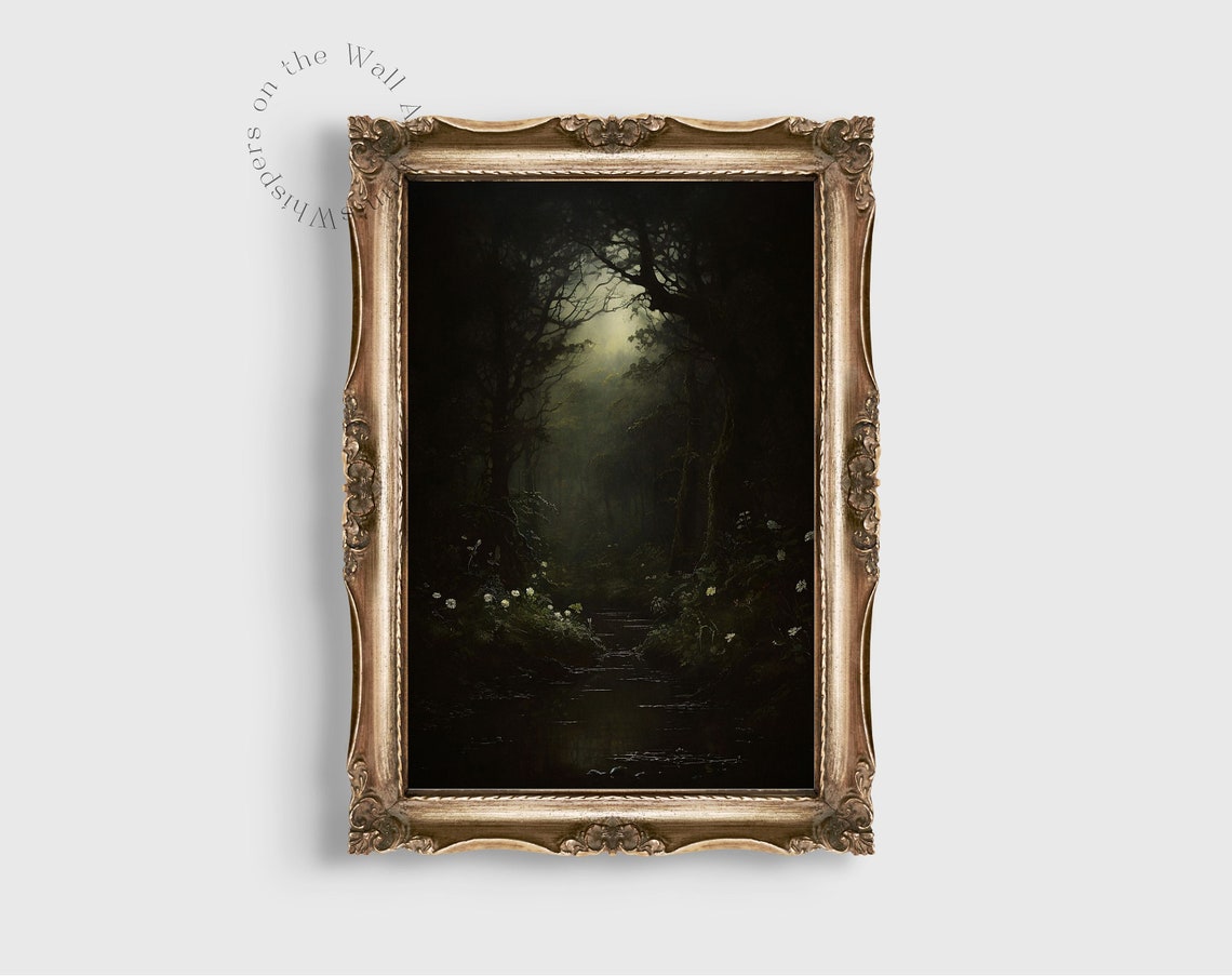 Dark Moonlit Forest Stream with Light Through Trees Mystical Poster - Image 6