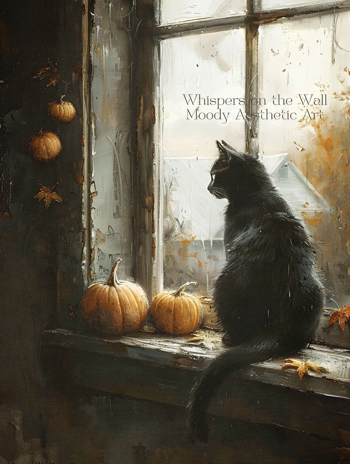 Black Cat on Windowsill with Pumpkins Autumn Painting Poster - Image 5