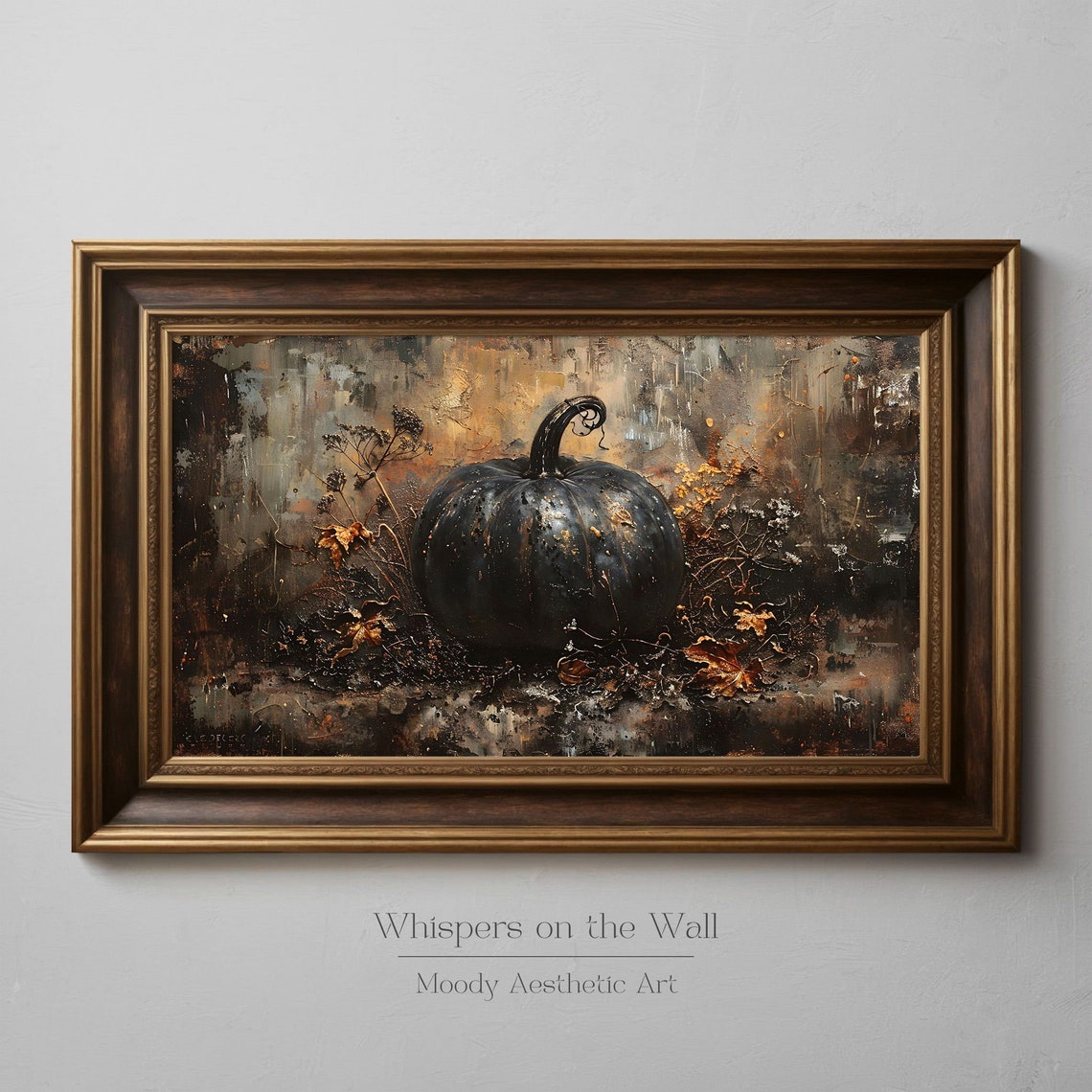 Single Black Pumpkin with Fall Foliage Dark Still Life Poster - Image 3