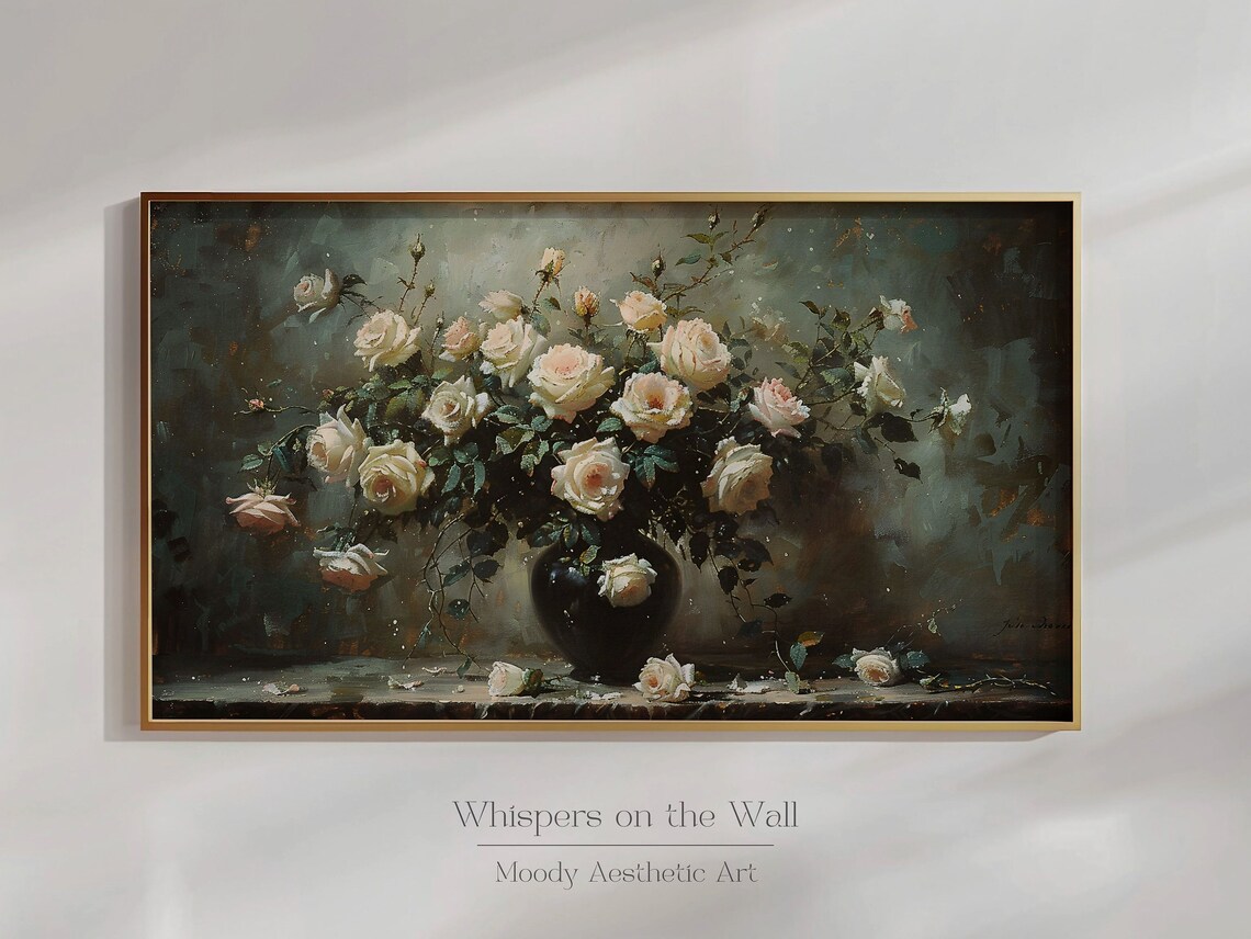 White Roses in Dark Vase Vintage Moody Floral Painting Poster - Image 6