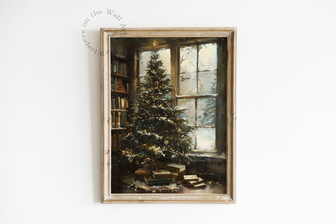 Christmas Tree in Cozy Library Window Bookish Holiday Oil Poster