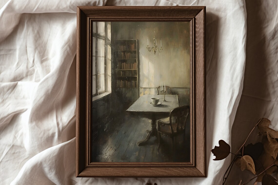 Dim Dining Room With Bookshelf And Chandelier Moody Interior Painting Poster - Image 2