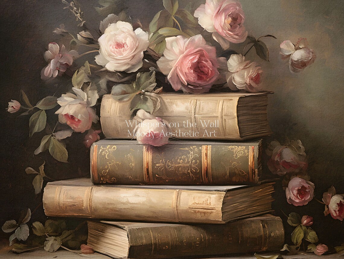 Stack Of Vintage Books With Pink Roses Dark Academia Still Life Poster - Image 5