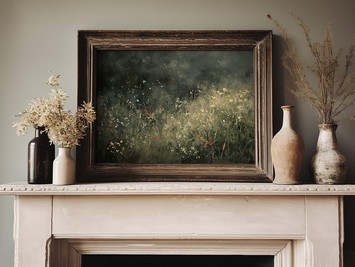 Dark Moody Wildflower Meadow with Poppies Oil Painting Poster - Image 6