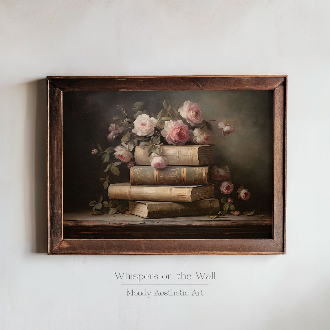 Stack Of Vintage Books With Pink Roses Dark Academia Still Life Poster - Image 2