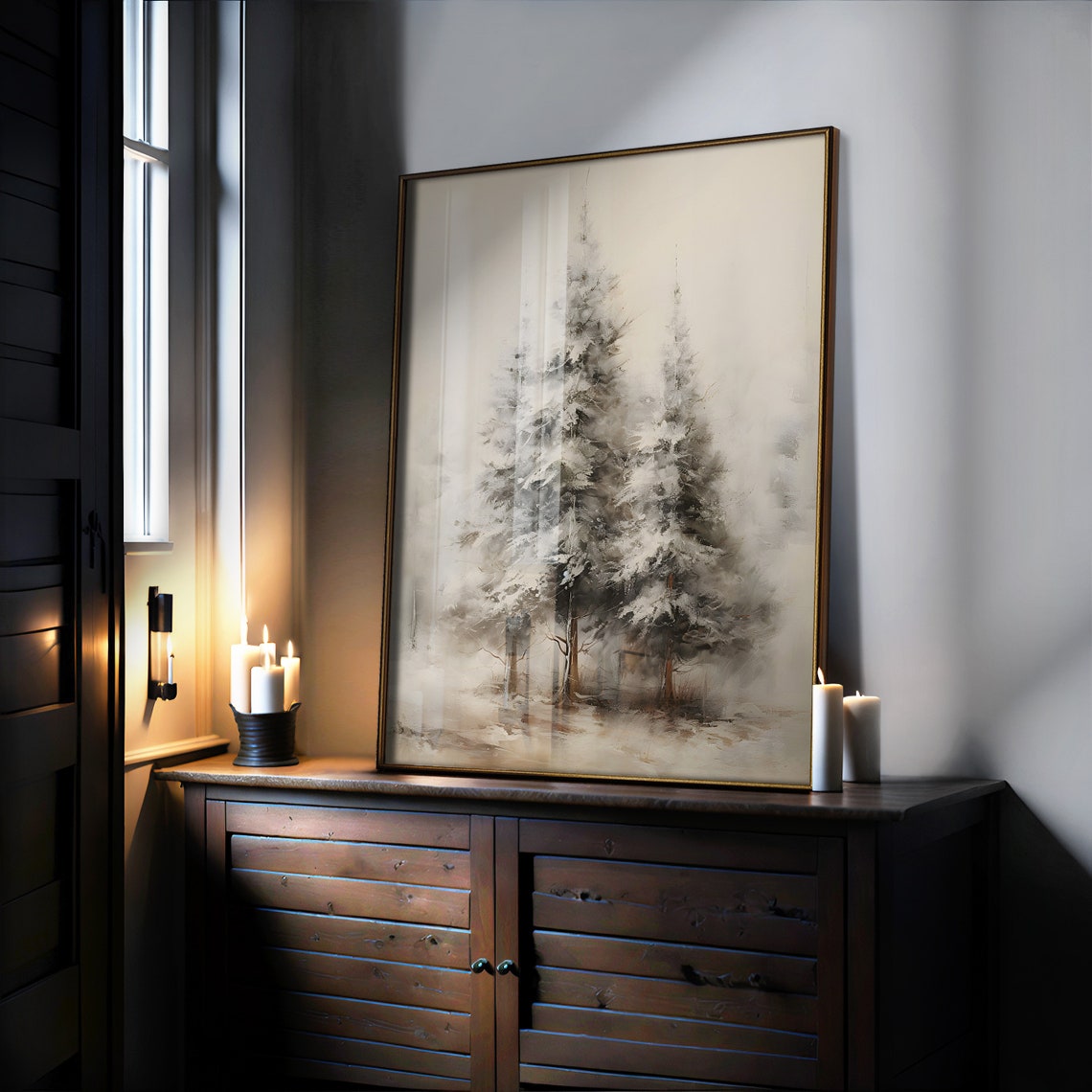Soft Neutral Snowy Pine Trees Winter Watercolor Landscape Poster - Image 3