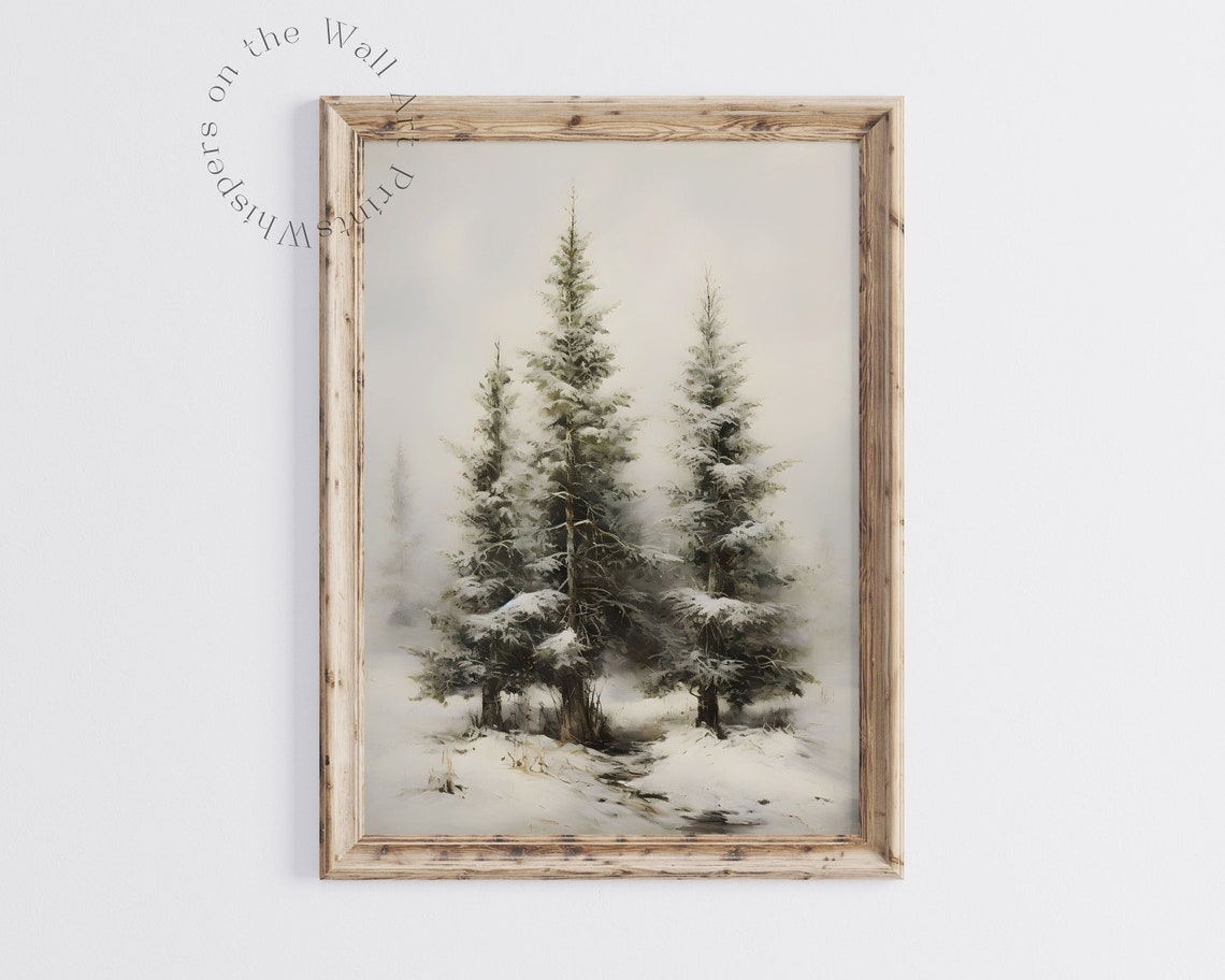 Snowy Pine Trees in Mist Neutral Winter Landscape Wall Poster - Image 3